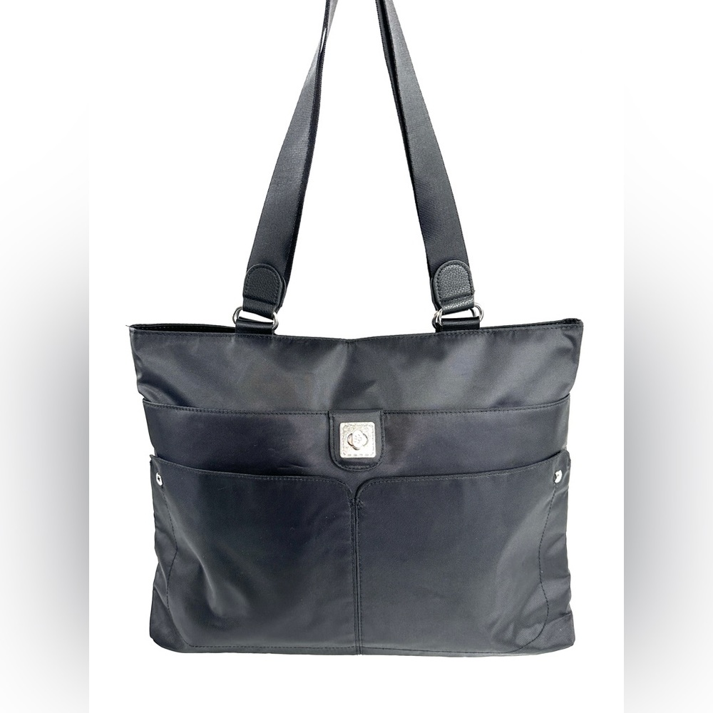 Mosey Black Nylon Large Tote Shoulder Bag Travel School Turn Lock Hard Bottom